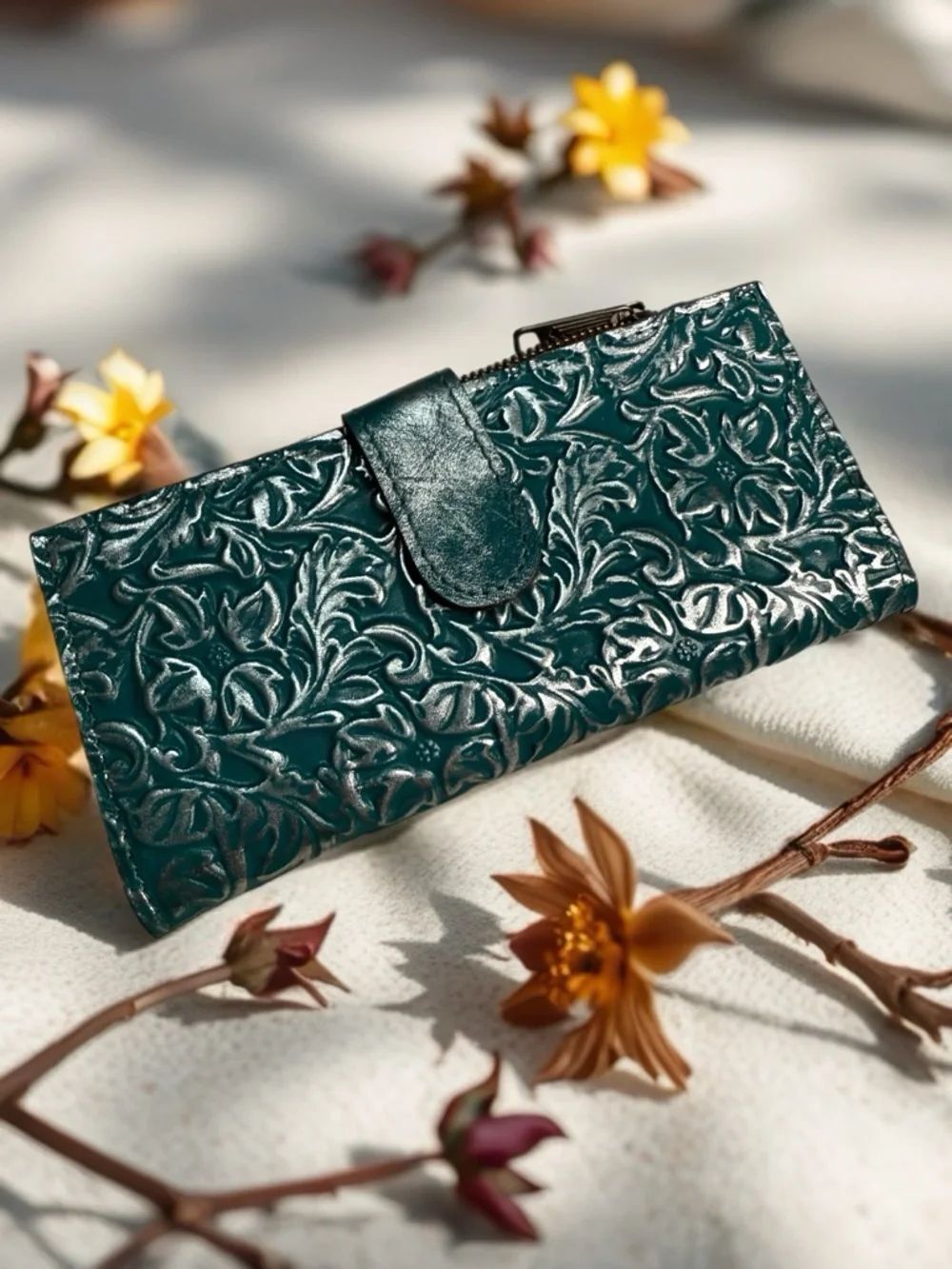 Embossed Floral Leather Wallet - Teal Green